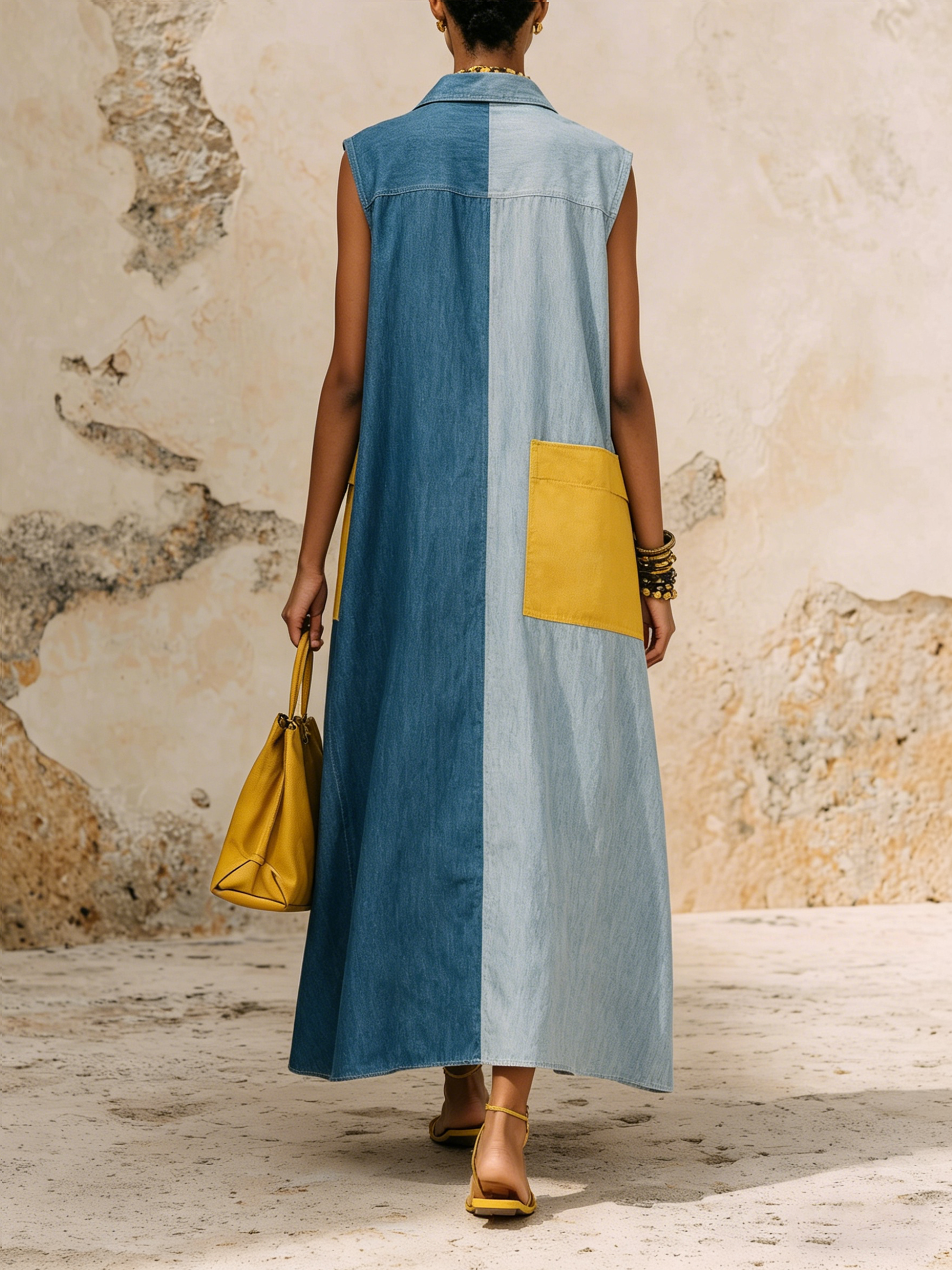 Oversized Color-Block Denim Sleeveless Maxi Shirt Dress With Statement Pockets