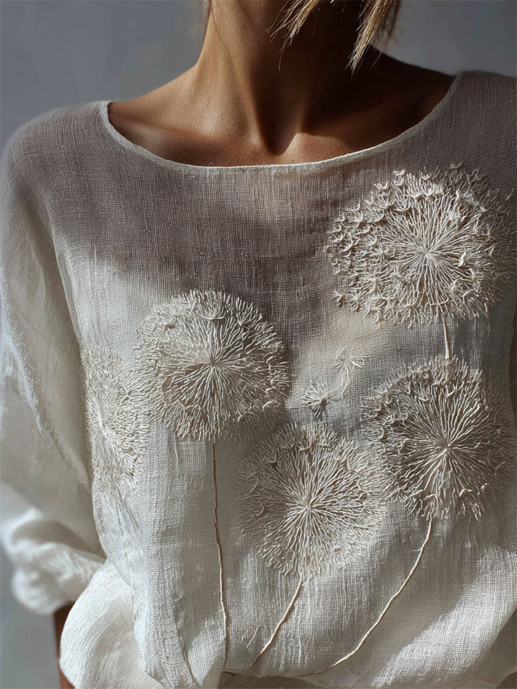 Classy Dandelion Embroidered Flowy Linen Tunic