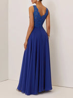 Blue Sequin Lace Chiffon V Neck Sleeveless A-Line Maxi Mother of the Bride or Groom Dress