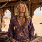 Mysterious Moon Tie-dyed V-neck Linen Embroidered Top