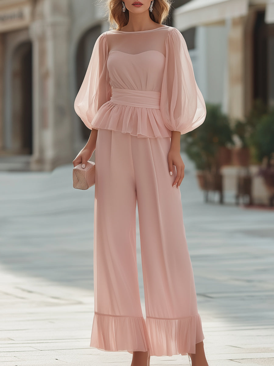Sheer Sleeve Peplum Top And Wide-Leg Pants Set