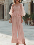 Sheer Sleeve Peplum Top And Wide-Leg Pants Set