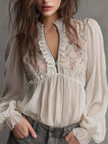 Bohemian Embroidered Ruffled Chiffon Blouse