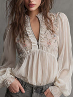 Bohemian Embroidered Ruffled Chiffon Blouse