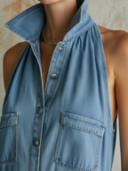 Light Blue Denim Sleeveless Button-Down Maxi Dress