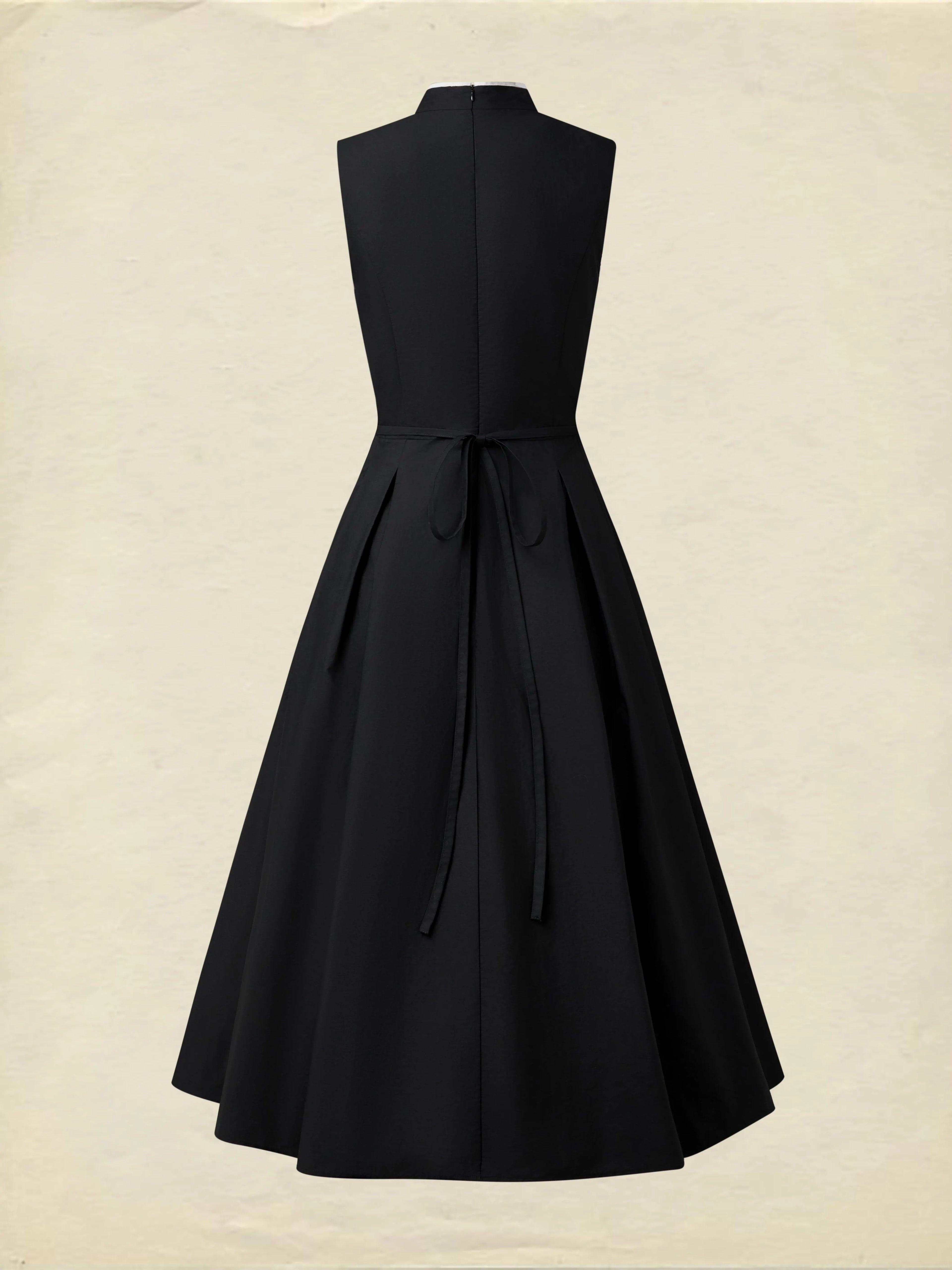 Midi Cotton Dress, Sleeveless, Plain, French Vintage, Black