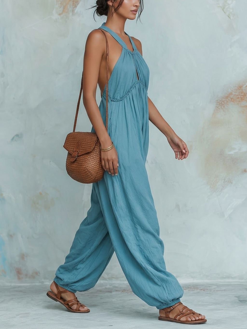 Blue Halter Neck Keyhole Wide Leg Jumpsuit