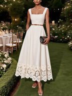 White Lace Classic Square Neck Sleeveless A-Line Maxi Dress