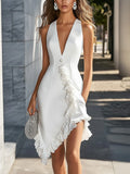 Stylish White Deep V-Neck Dress with Asymmetric Ruffle Hem