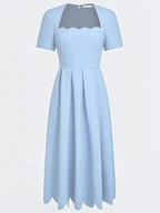Light Blue Asymmetric Classic Square Neck Short Sleeve A-Line Midi Dress