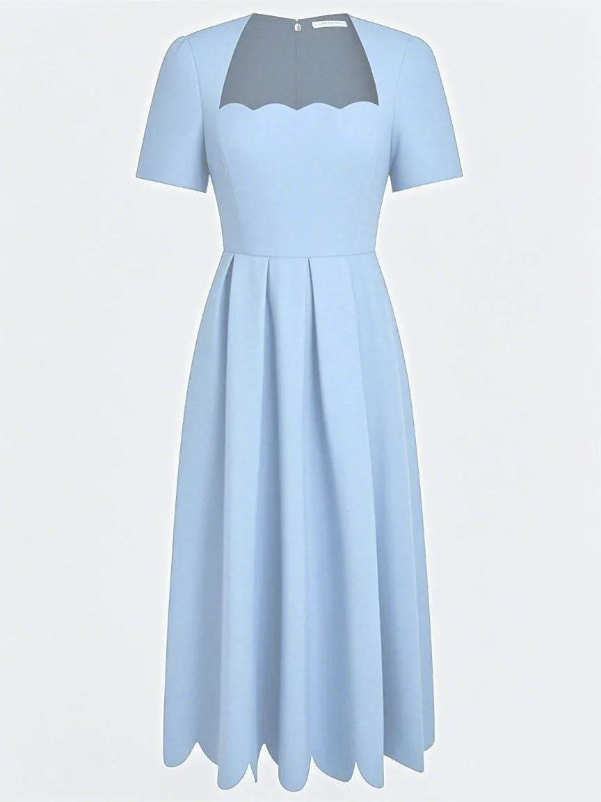 Light Blue Asymmetric Classic Square Neck Short Sleeve A-Line Midi Dress