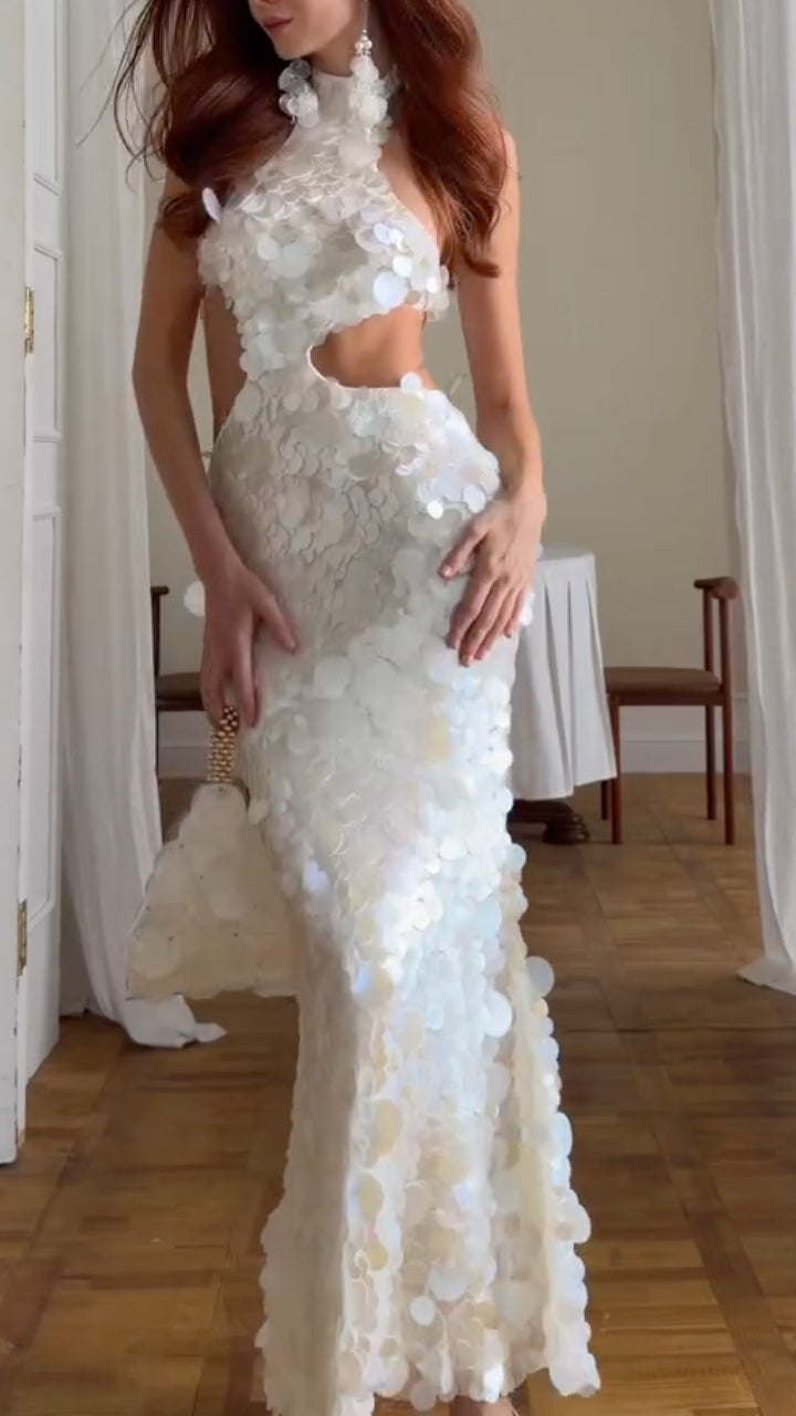 Scale Sequin Halter Cutout Mermaid Maxi Gown