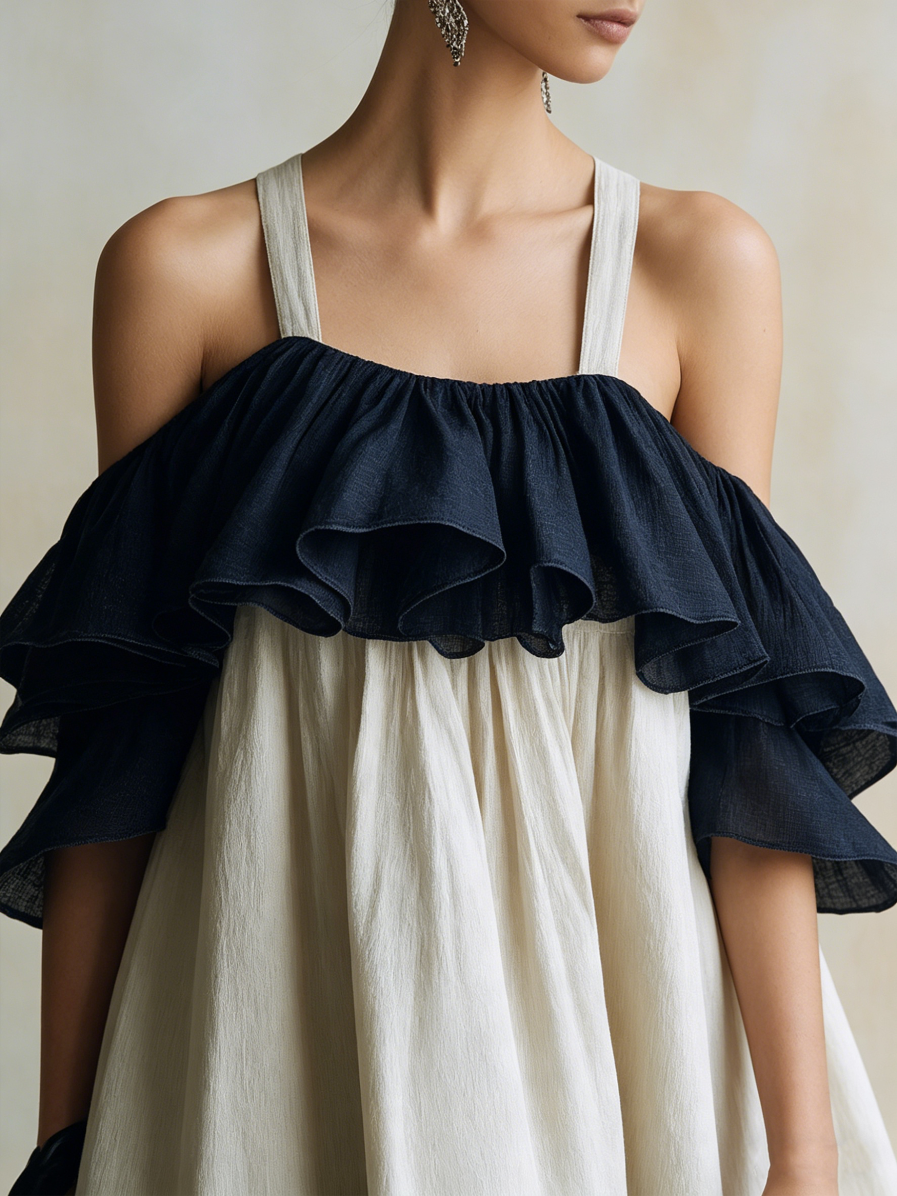 Cold Shoulder Ruffle Tiered Linen Maxi Dress | Color Block Boho Summer Gown
