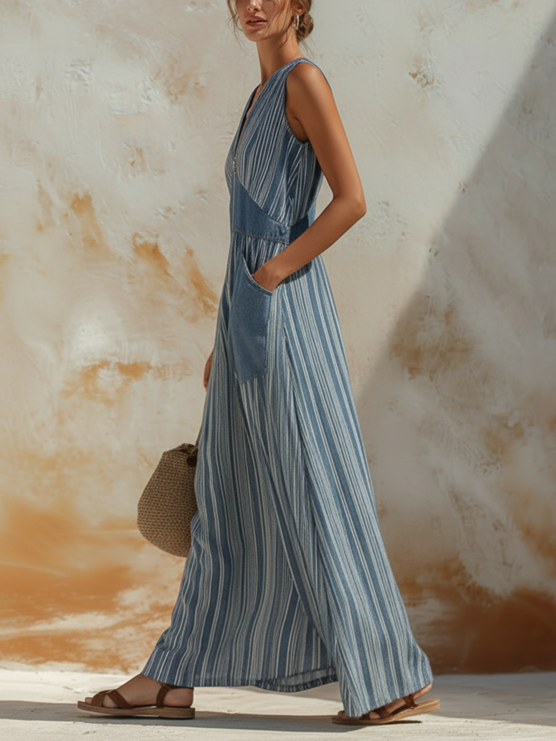 Blue & White Striped Denim Sleeveless Maxi Dress With Front Zipper