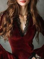 Romantic Burgundy Pleated Velvet Blouse With Black Lace Trim