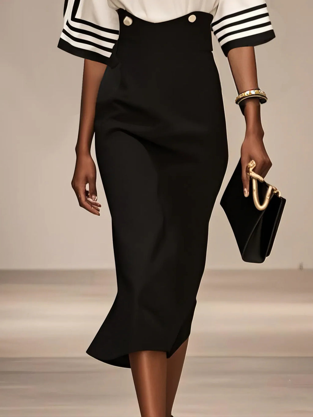 Black White Striped Boat Neck Half Sleeve Sheath Midi Satin Dress