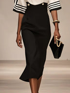 Black White Striped Boat Neck Half Sleeve Sheath Midi Satin Dress