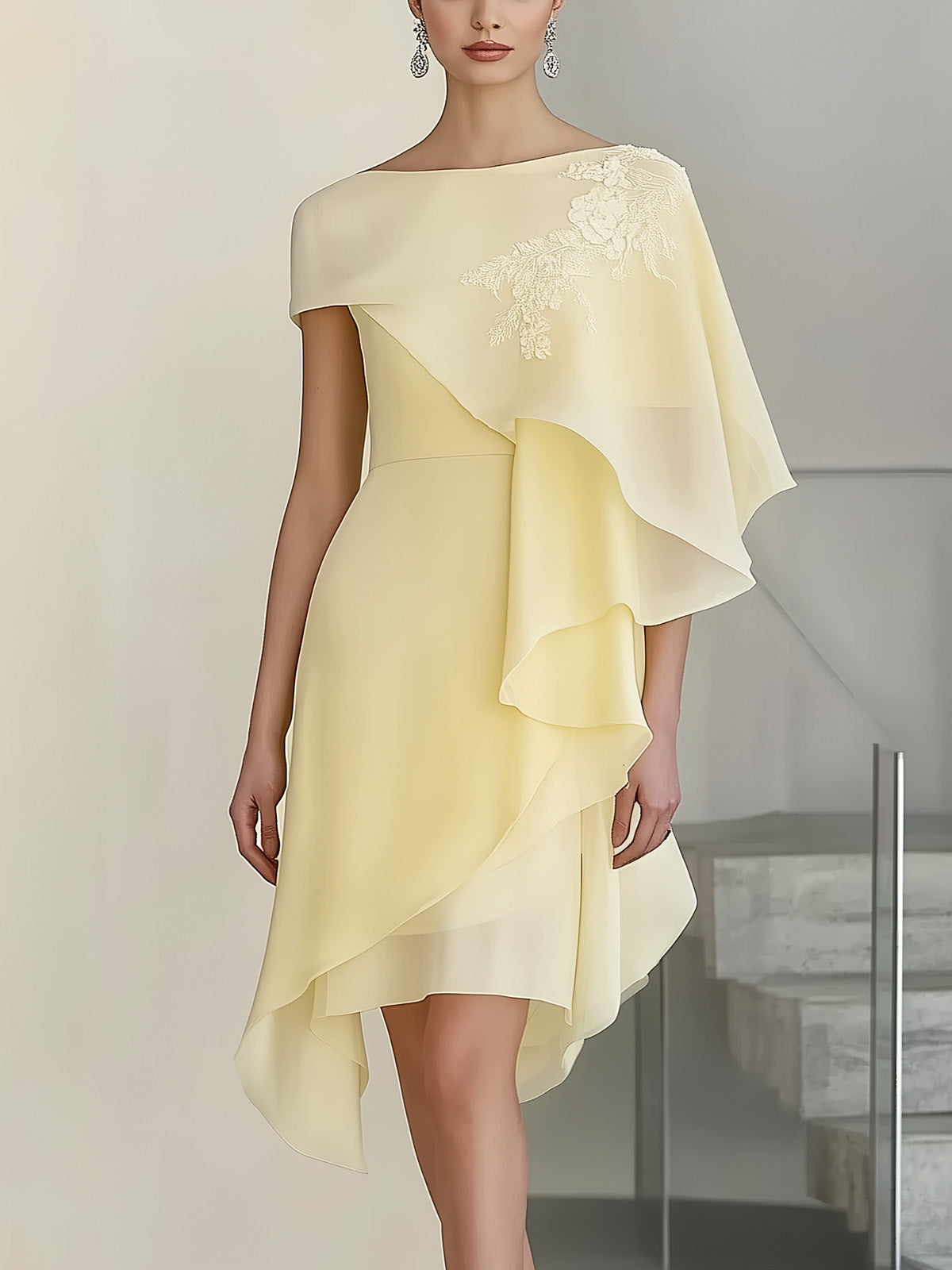 Pale Yellow Chiffon Dress with Cape Sleeves and Shoulder Embroidery