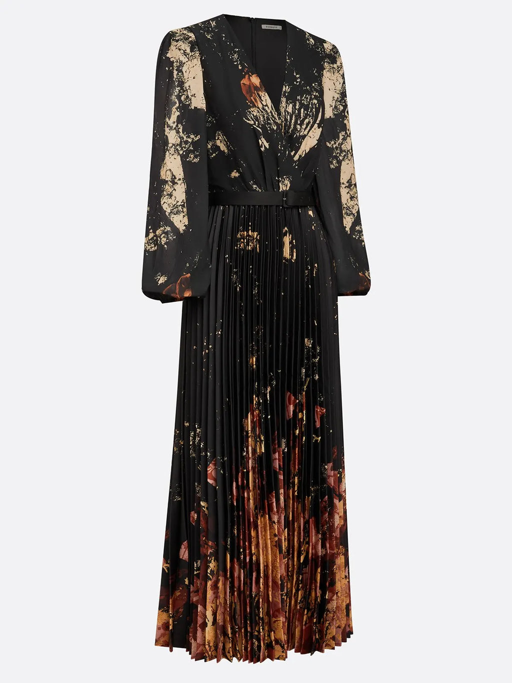 Black Floral Chiffon V Neck Long Sleeve Balloon Sleeve A-Line Maxi Dress