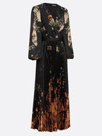 Black Floral Chiffon V Neck Long Sleeve Balloon Sleeve A-Line Maxi Dress