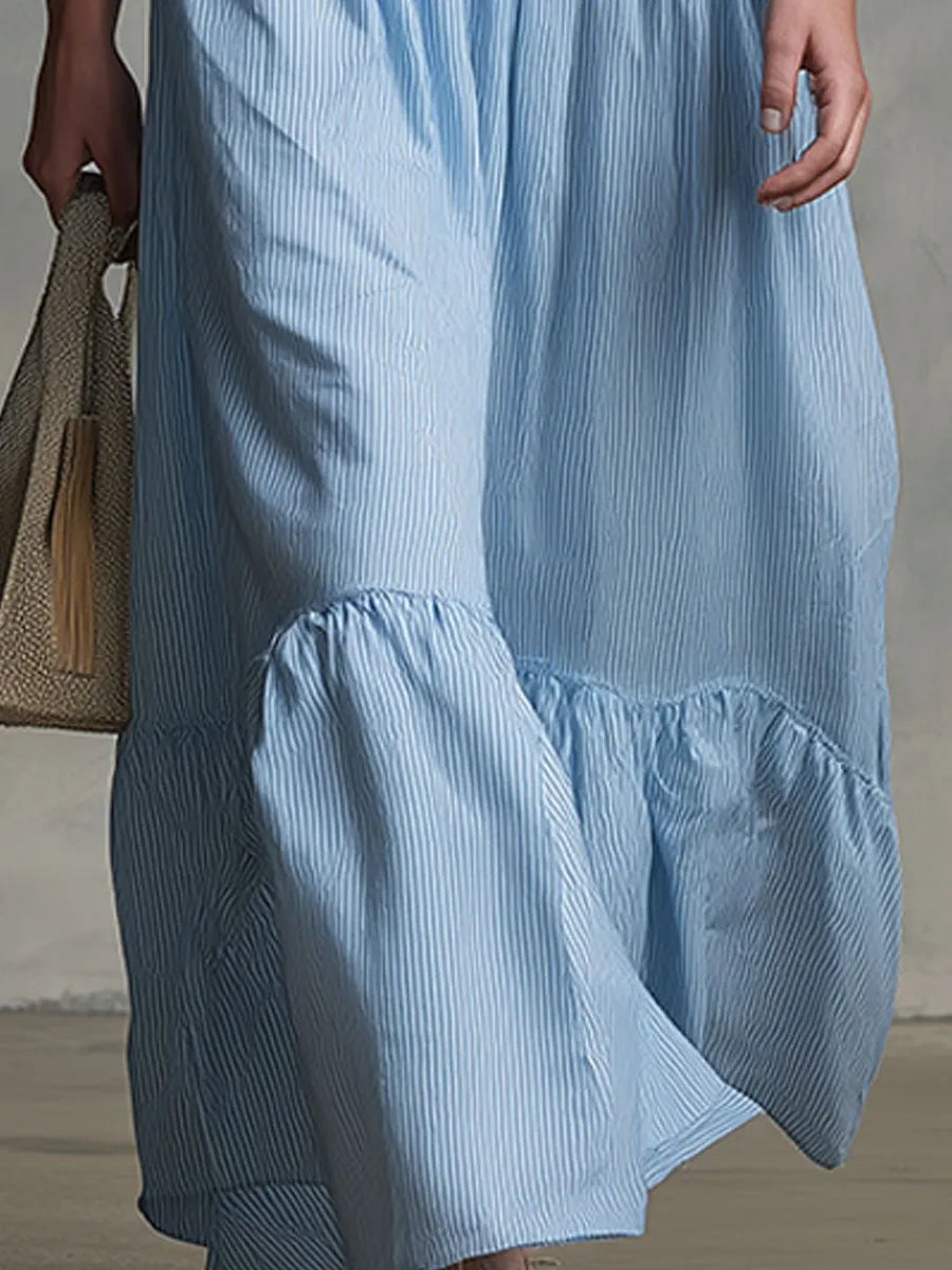 Casual Retro Blue Striped Sleeveless Loose-Fit Ruffled Cotton Maxi Dress