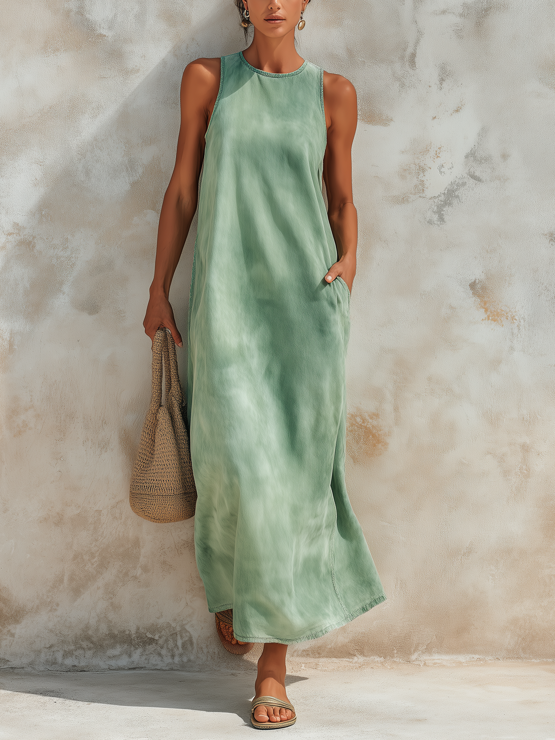 Washed Green Tencel Denim Sleeveless Maxi Dress