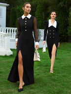 Black Mesh Collared Long Puff Sleeve Slit A-Line Blazer Maxi Dress
