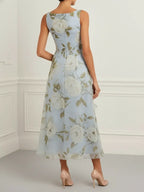 Light Blue 3D Floral Chiffon Boat Neck Sleeveless A-Line Midi Dress