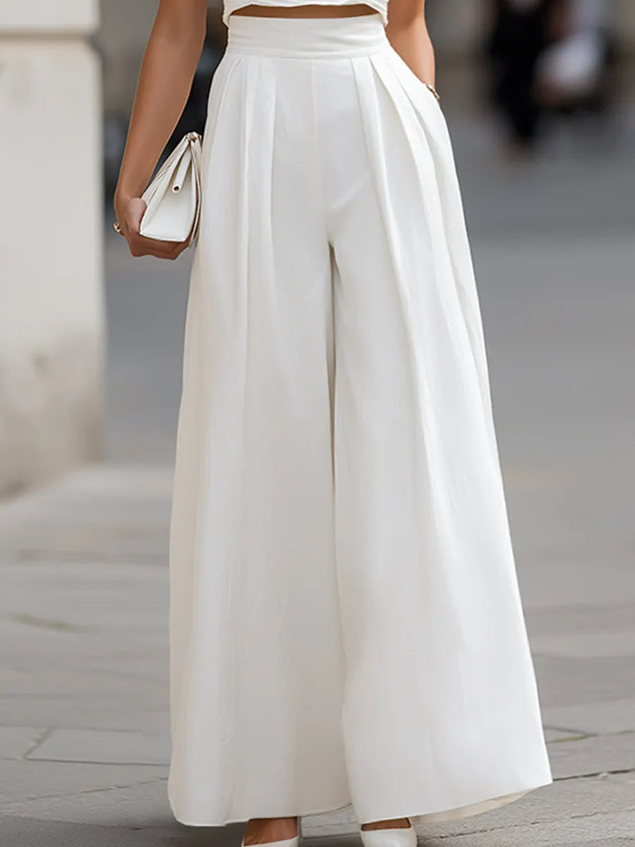 Mock Neck Ruched Crop Top & Wide-Leg Pants Set