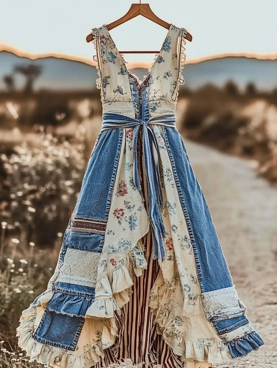 Summer Handmade Lace Denim Patchwork Dress 08ba