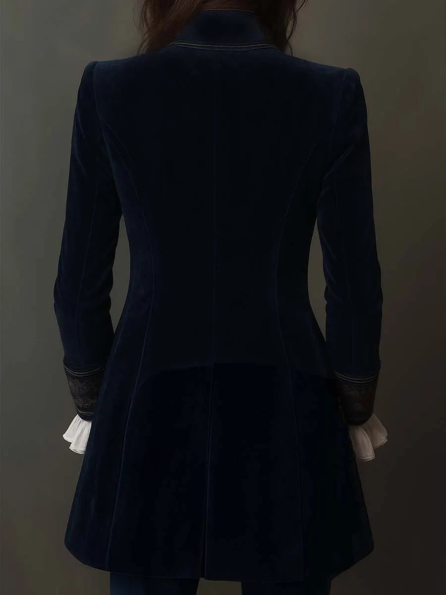 Vintage Navy Polyester Velvet Embroidered Long Jacket