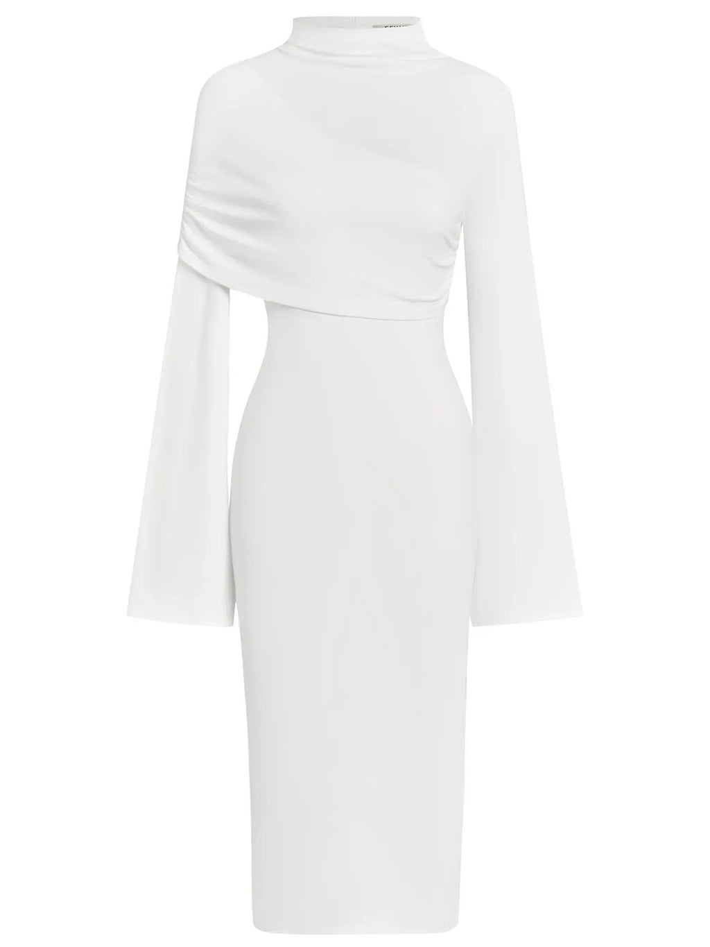 White Slit Chiffon Mock Neck Long Sleeve Bodycon One-shoulder Midi Dress with Matching Shrug
