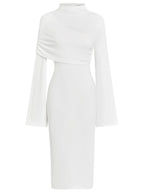 White Slit Chiffon Mock Neck Long Sleeve Bodycon One-shoulder Midi Dress with Matching Shrug
