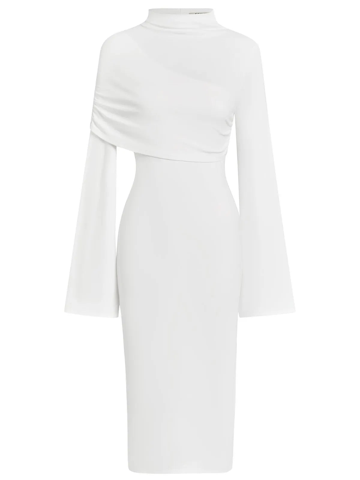 White Slit Chiffon Mock Neck Long Sleeve Bodycon One-shoulder Midi Dress with Matching Shrug