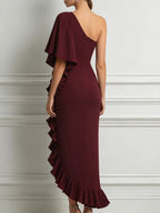Burgundy One-Shoulder Ruffled Slit Midi Dress