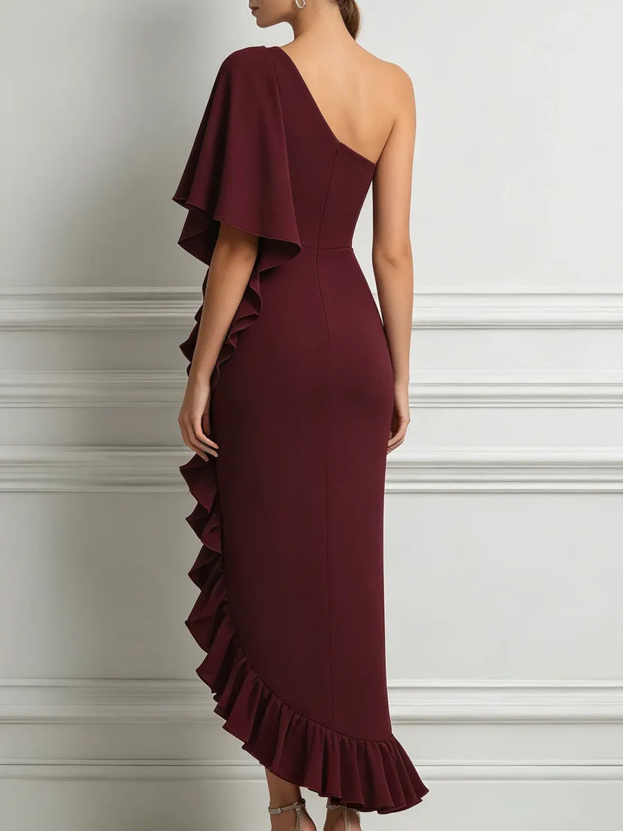 Burgundy One-Shoulder Ruffled Slit Midi Dress