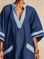 Navy Striped Linen-Blend Kaftan Maxi Dress - Breathable Resort Cover-Up
