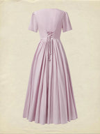 Cotton Maxi Dress, Short Sleeve, V neck, Plain, Vintage, Purple