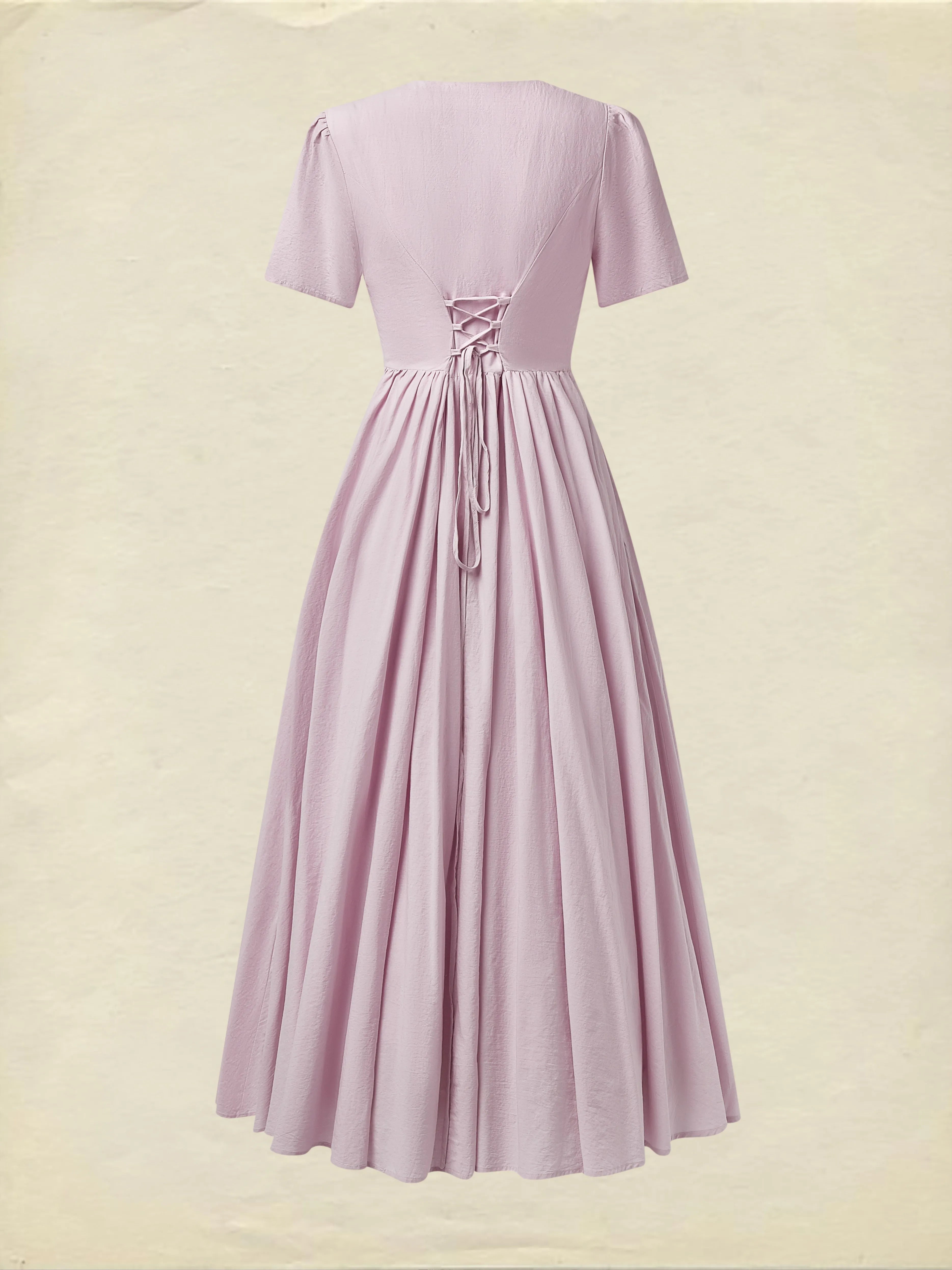 Cotton Maxi Dress, Short Sleeve, V neck, Plain, Vintage, Purple