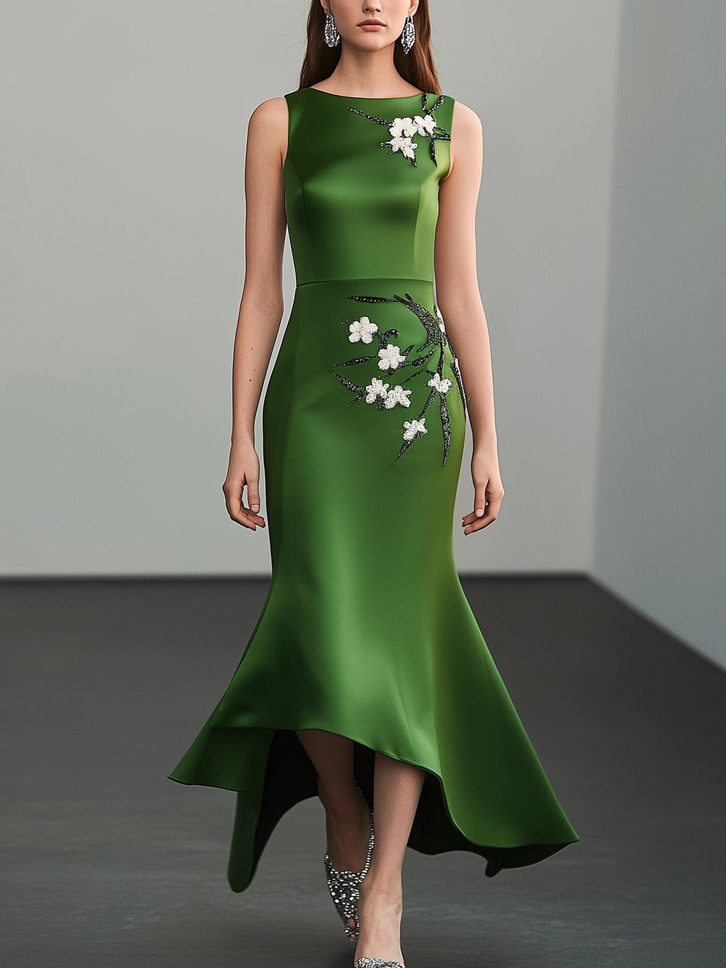 Sleek Green Satin Dress with Embellished Side Detail