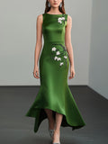 Sleek Green Satin Dress with Embellished Side Detail