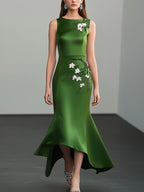 Sleek Green Satin Dress with Embellished Side Detail