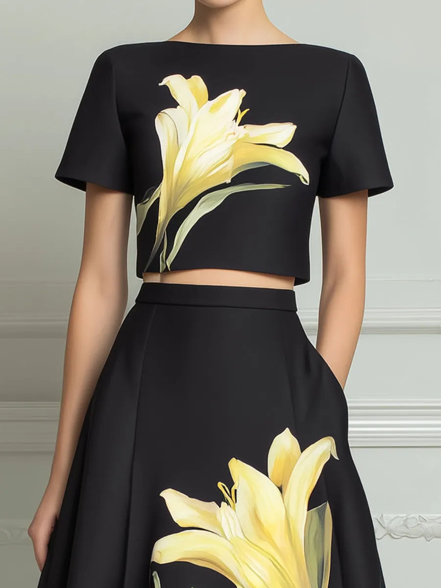 Floral Print Crop Top And A-Line Midi Skirt Set