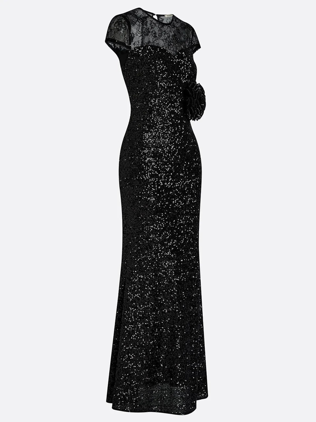 Black 3D Floral Lace Sequin Crew Neck Short Sleeve Sheath Maxi Dress