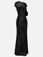 Black 3D Floral Lace Sequin Crew Neck Short Sleeve Sheath Maxi Dress