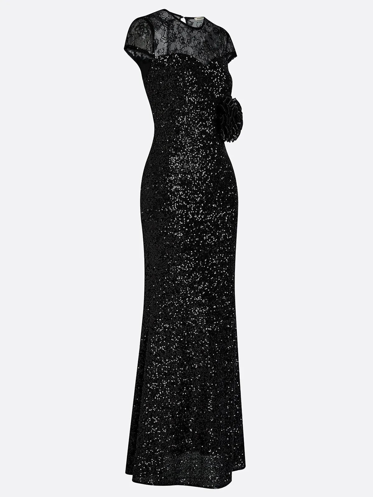 Black 3D Floral Lace Sequin Crew Neck Short Sleeve Sheath Maxi Dress
