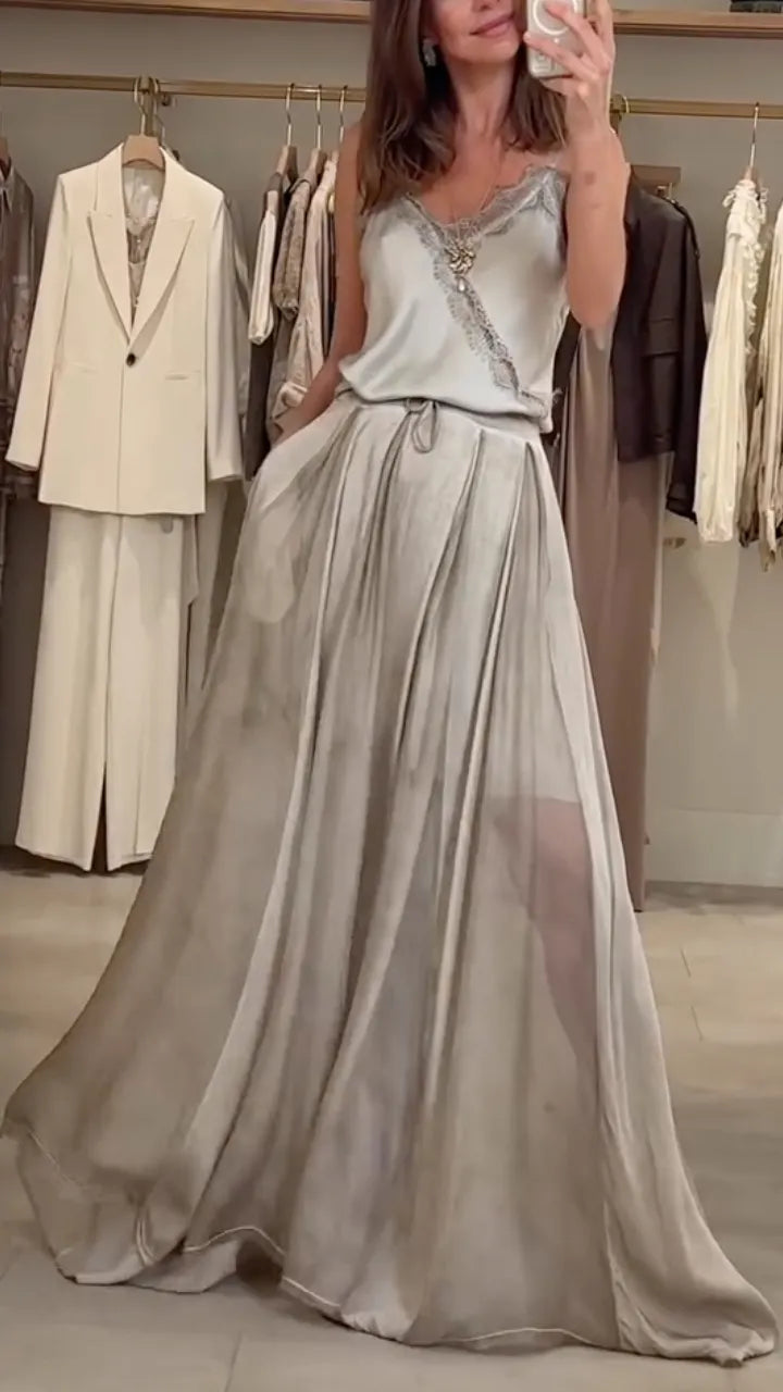 Grey Lace Trim Cami & Wide Leg Maxi Skirt Set