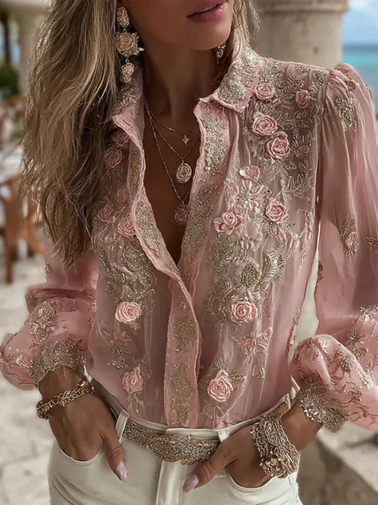 Women's Vintage Pink Rose Embroidered Art Long Sleeve Shirt
