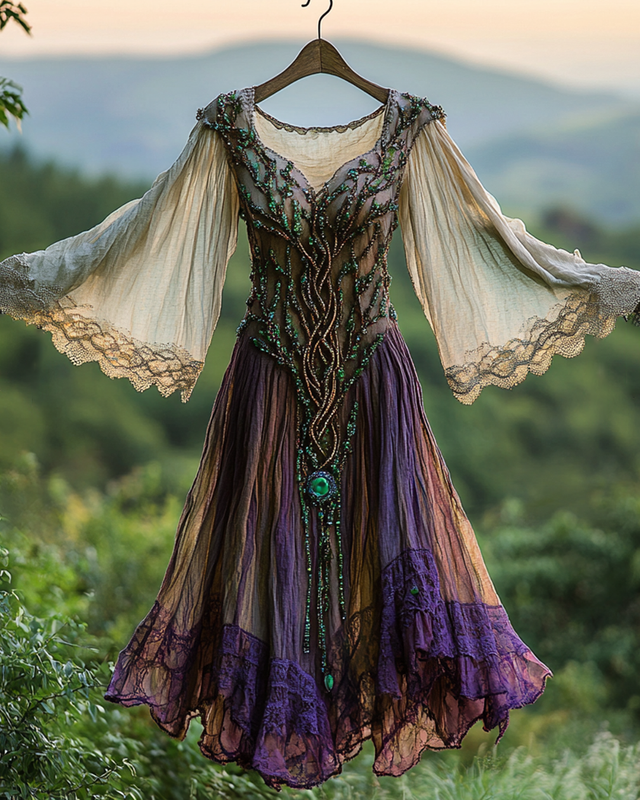 Summer Viking Tribal Celtic Tree of Life Gradient Lace Splicing Ruffle Dress 22a1