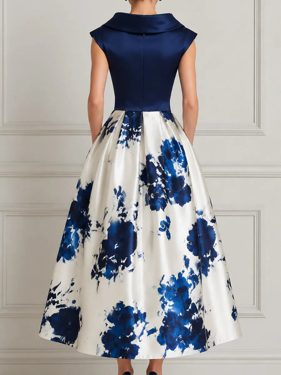 Elegant Floral Satin A-Line Midi Dress